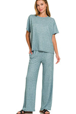 Zenana Soft Melange Short Sleeve Tee & Long Pants Set - Ladyez
