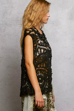 POL Openwork Round Neck Floral Crochet Tank