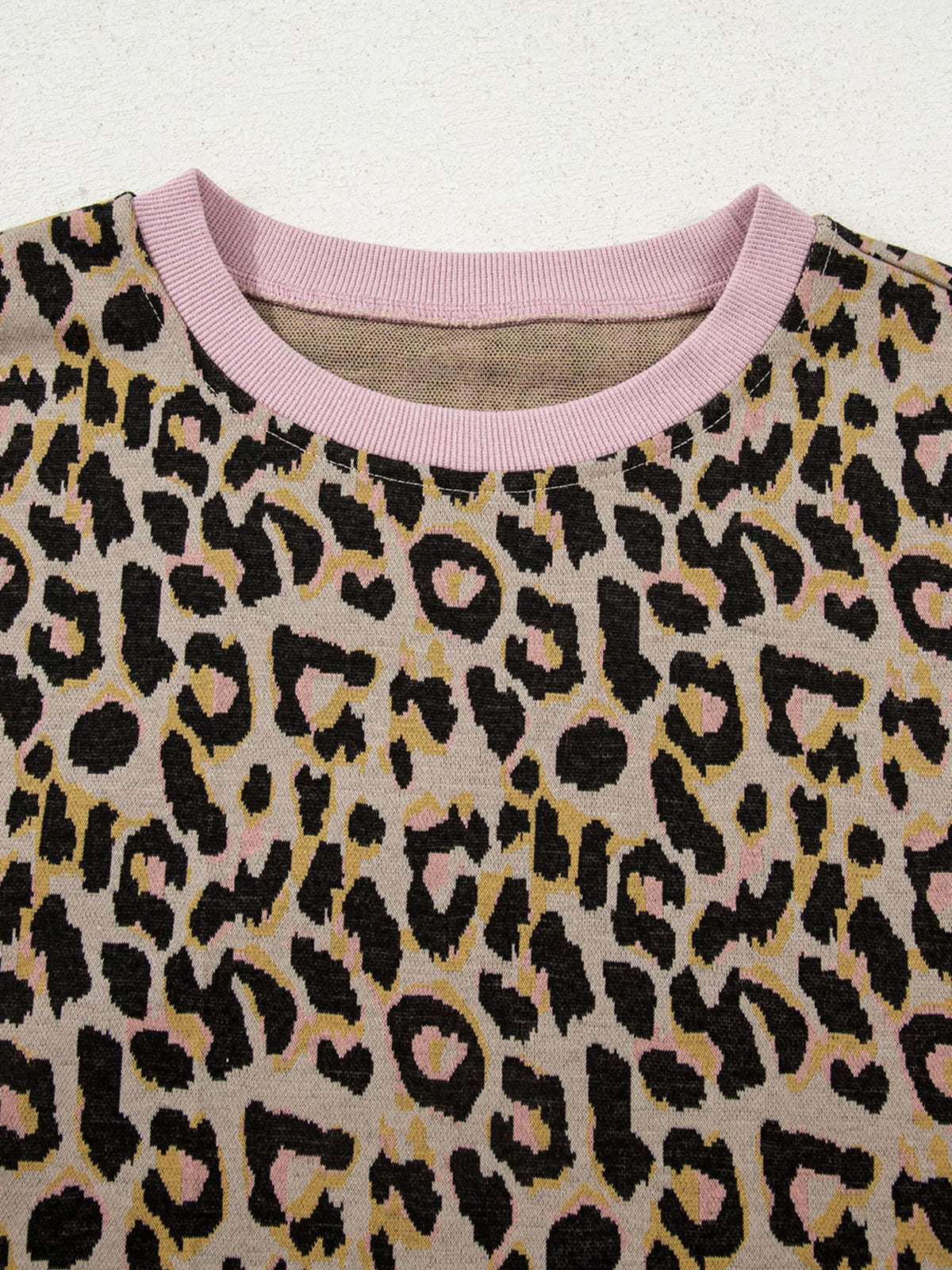 Leopard Print Contrast Edge Long Sleeve Pullover Shorts Set