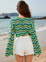 Striped Boat Neck Long Sleeve Cover Up - Ladyez