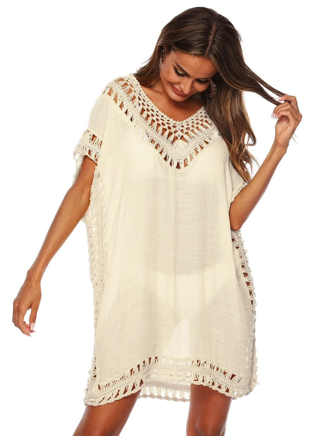 Bohemian Crochet Trim Beach Cover Up Dress - Ladyez