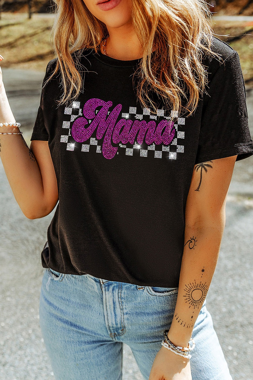 MAMA Rhinestone Letter Round Neck T-Shirt - Ladyez