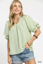 Umgee Gingham Puff Sleeve Babydoll Blouse