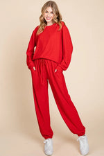 Super Lady Full Size Crinkle Check Round Neck Top and Pants Lounge Set - Ladyez