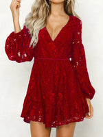 Lace V-Neck Long Sleeve Mini Dress - Ladyez