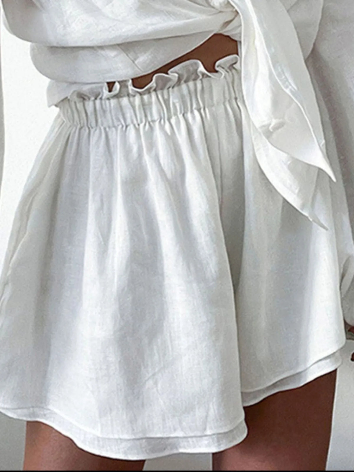 Full Size Button Up Balloon Sleeve Top and Shorts Set Plus Size - Ladyez