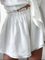Full Size Button Up Balloon Sleeve Top and Shorts Set Plus Size - Ladyez