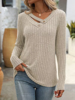 Ribbed Knit Long Sleeve Button Detail T-Shirt