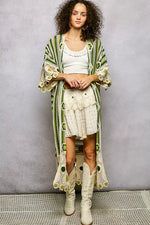 POL Striped and Floral Pattern Crochet Longline Cardigan