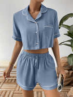 Ivy Lane Contrast Lapel Collar Cropped Shirt and Shorts Lounge Set - Ladyez
