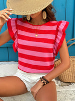 Contrast Striped Ruffle Sleeve T-Shirt