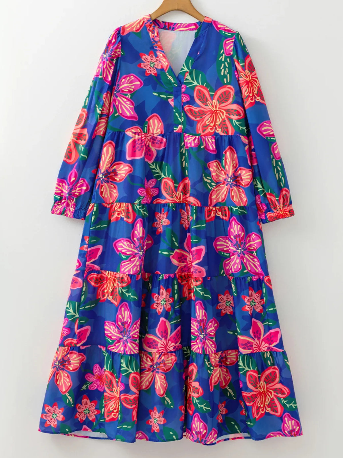Floral Print 3/4 Sleeve V Neck Tiered Dress