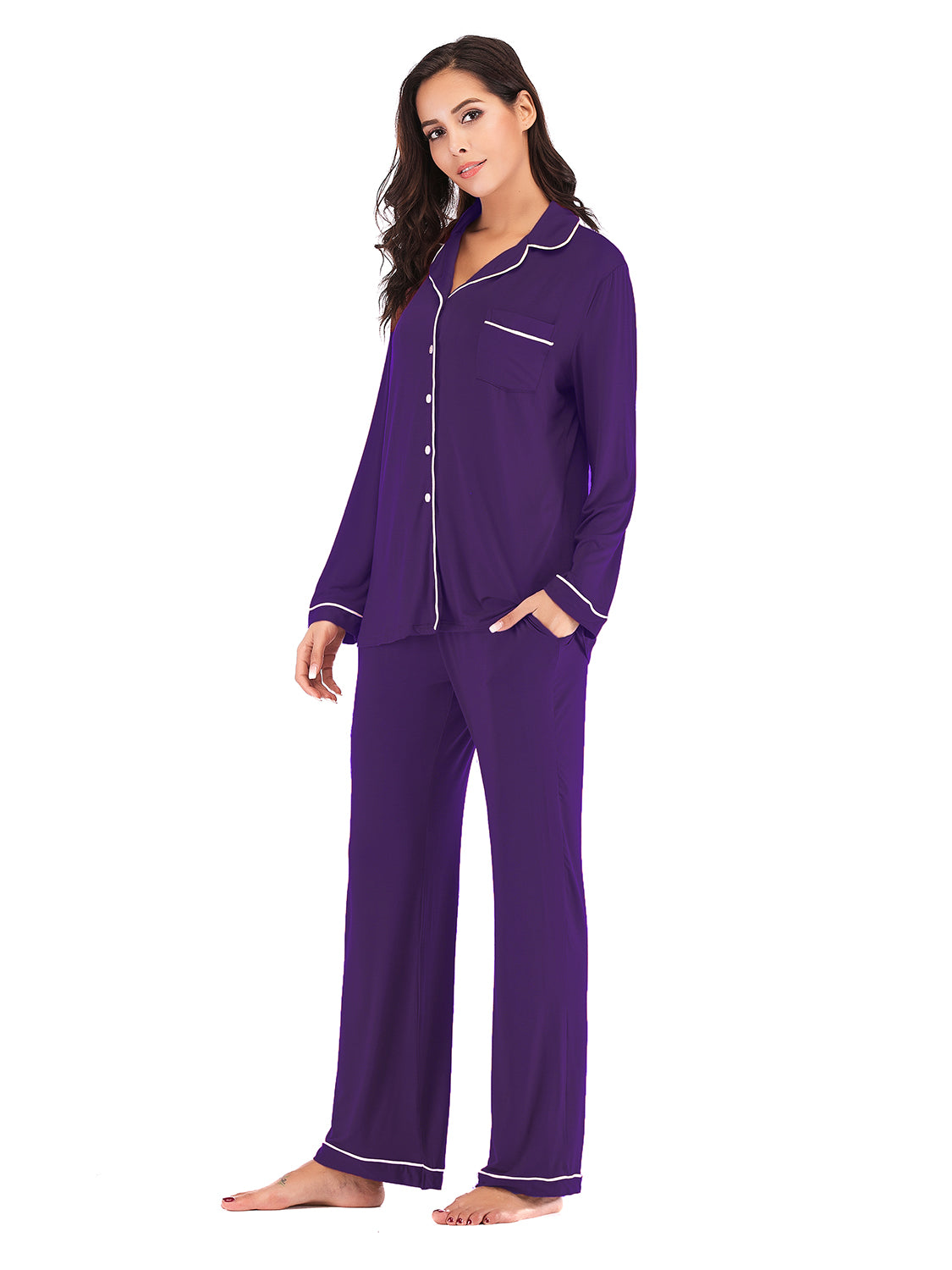 Collared Neck Long Sleeve Loungewear Set with Pockets - Ladyez