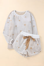 Round Neck Dropped Shoulder Star Print Top and Shorts Lounge Set - Ladyez
