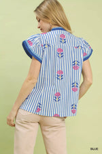 Umgee Embroidered Striped Flutter Sleeve Top