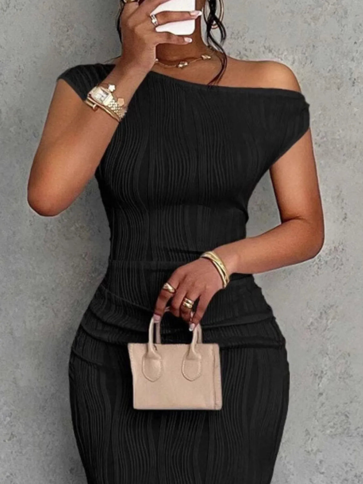 Textured Single Shoulder Bodycon Maxi Dress - Ladyez