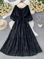 Button Front Puff Sleeve Chiffon Dress