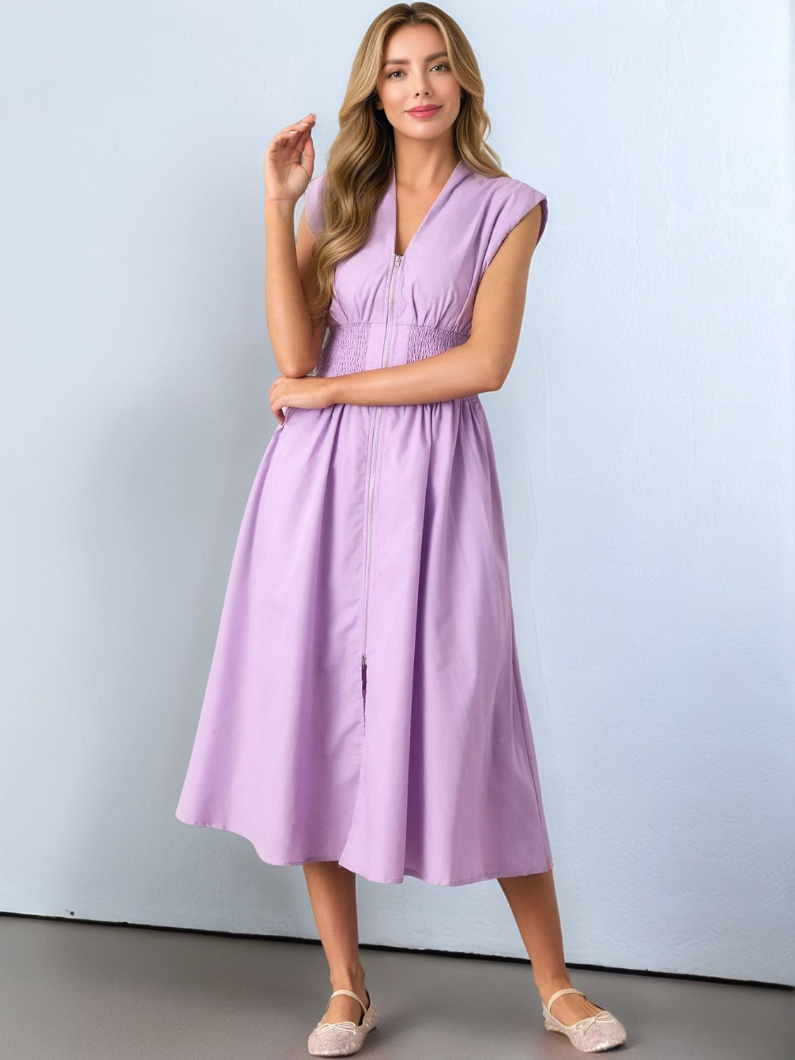 Smocked Zip Front Cap Sleeve Dress - Ladyez