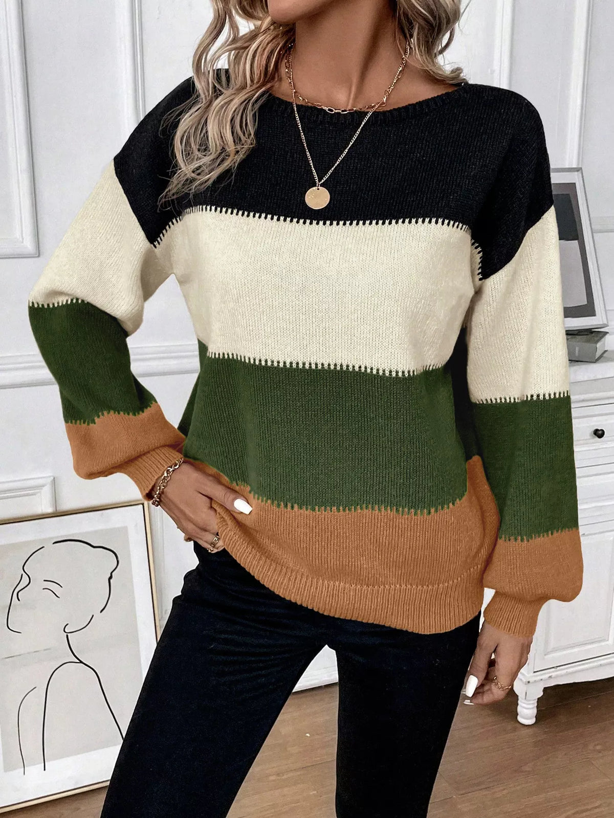 Color Block Round Neck KnitSweater