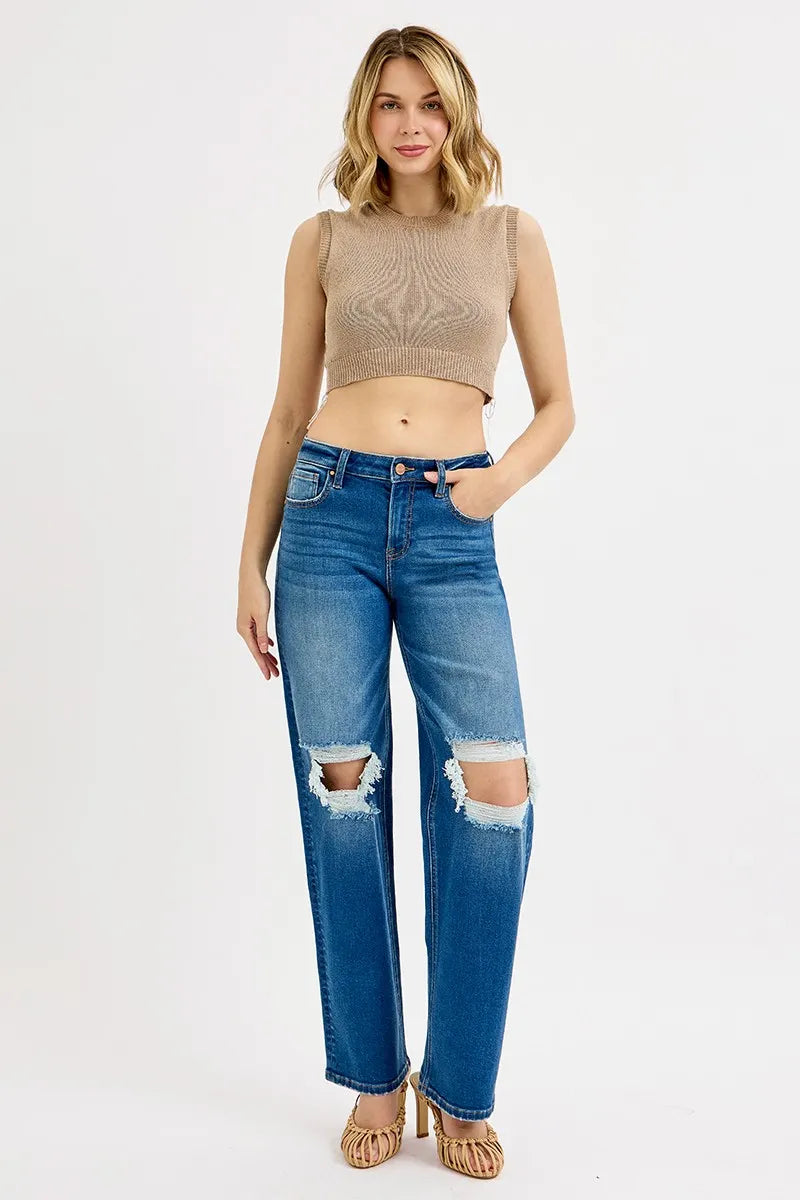 RISEN Full Size Mid Waist Fit Boyfriend Knee Distressed Jeans Plus Size - Ladyez