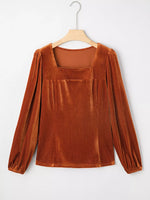 Velvet Ribbed Texture Square Neck Slim Puff Sleeve Top