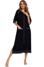 Zip Up Slit Round Neck Night Dress with Pockets - Ladyez