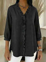 Full Size V-Neck Ruffled Button Down Shirt Plus Size