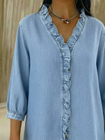 Full Size V-Neck Ruffled Button Down Shirt Plus Size