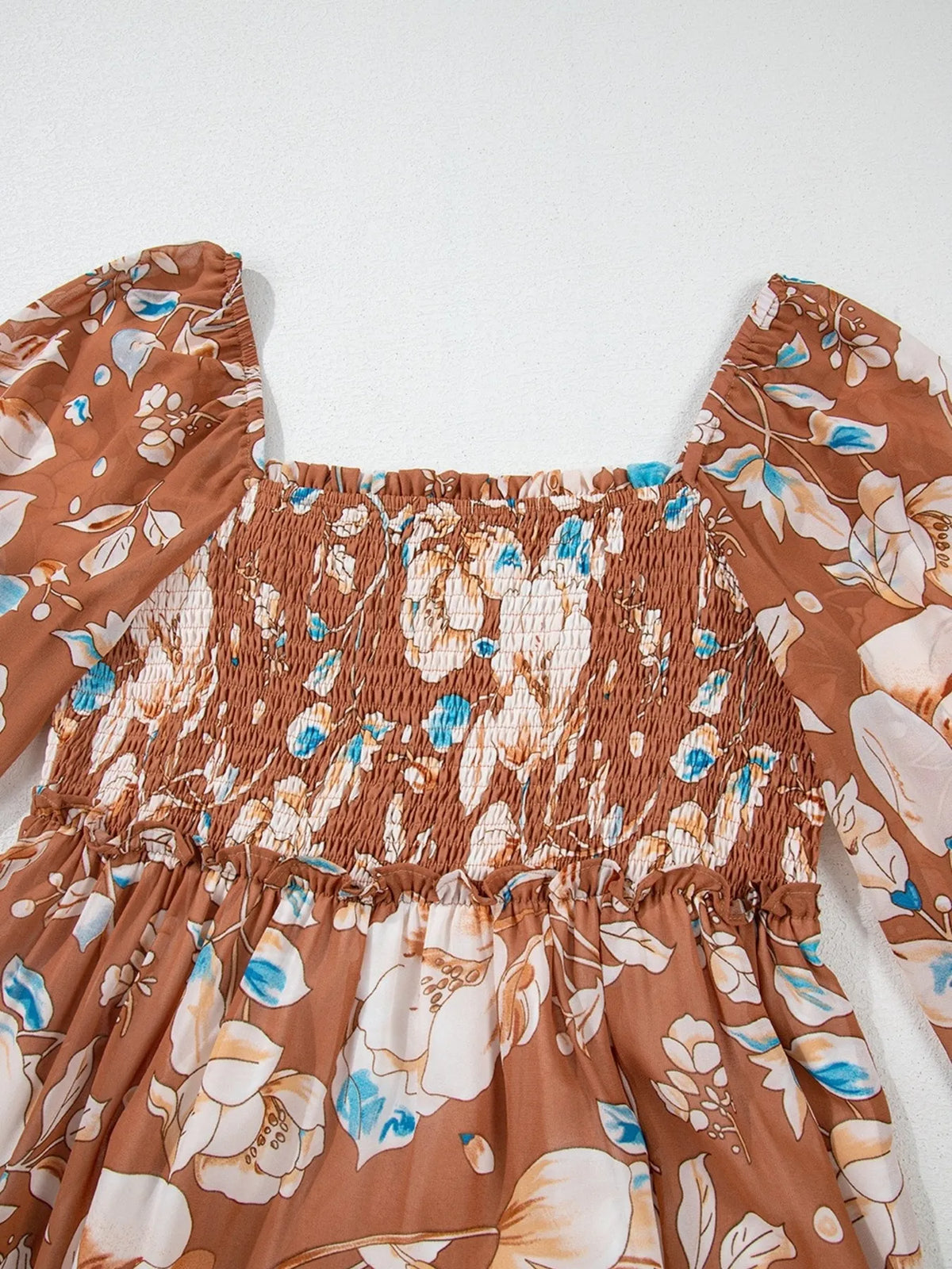 Smocked Printed Long Sleeve Tiered Dress