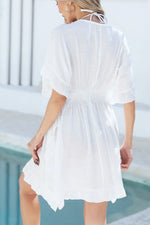 Ruffled Smocked Waist V-Neck Cover-Up - Ladyez