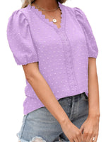 Puff Sleeve Swiss Dot Lace Trim Blouse