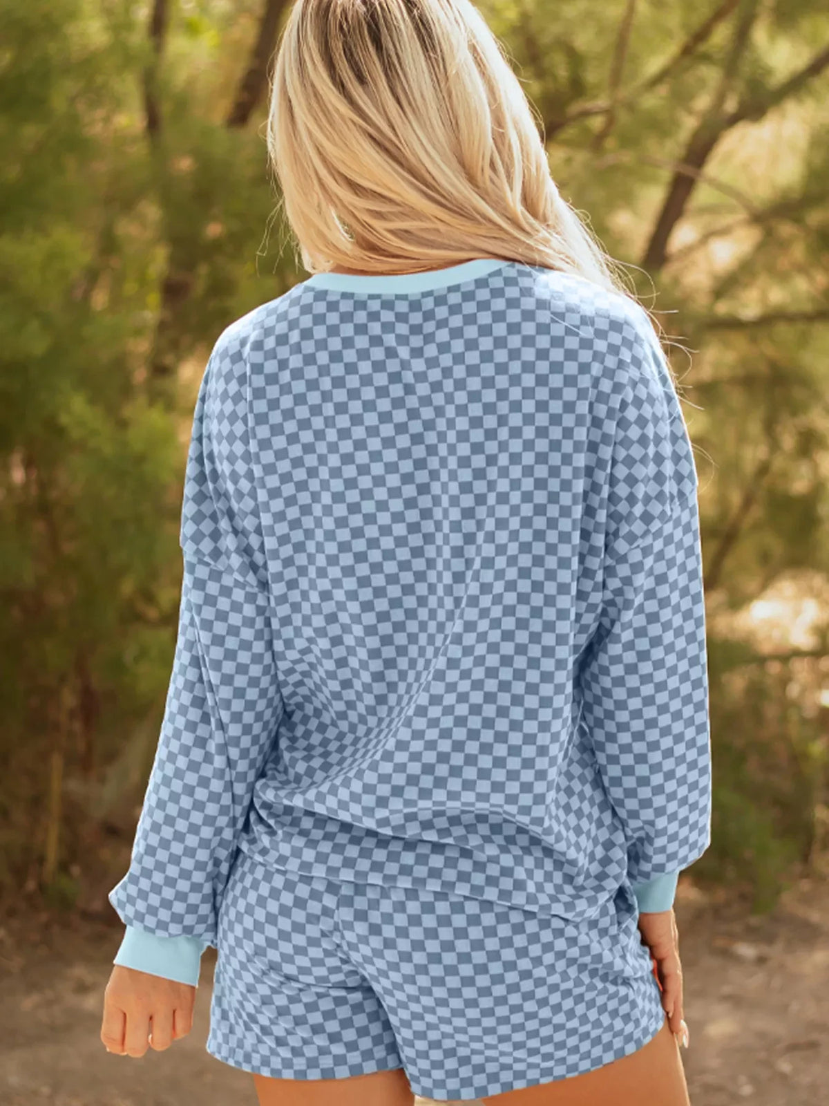 Checkerboard Long Sleeve Pullover and Shorts Set