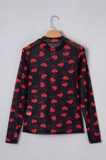 Valentines Heart Printed Sheer Mesh Long Sleeve Top