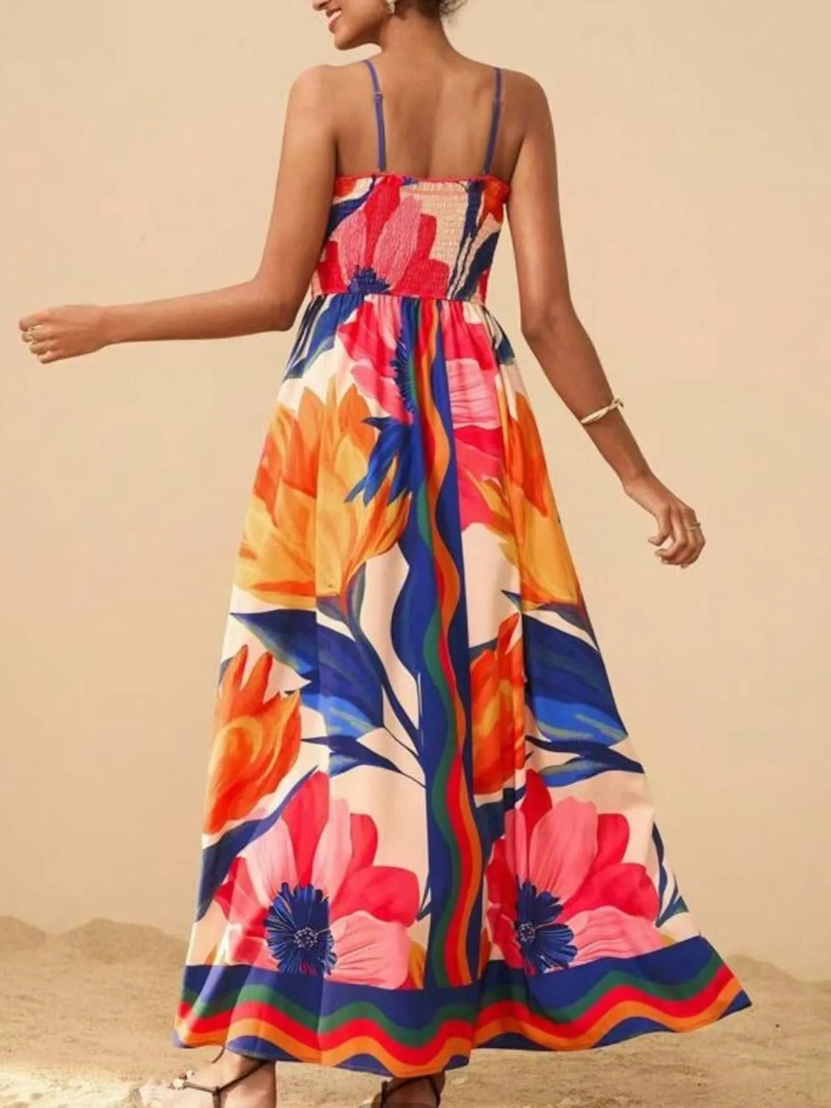 Smocked Printed Spaghetti Strap Maxi Summer Dress - Ladyez
