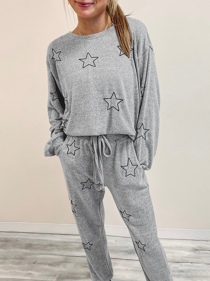 Star Print Long Sleeve Top and Pants Lounge Set - Ladyez