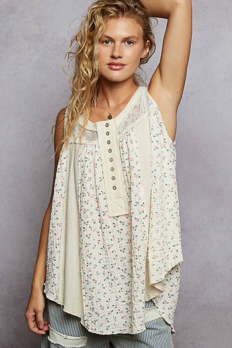 POL Floral Print Button-Front Lace Patchwork Tank Top - Ladyez