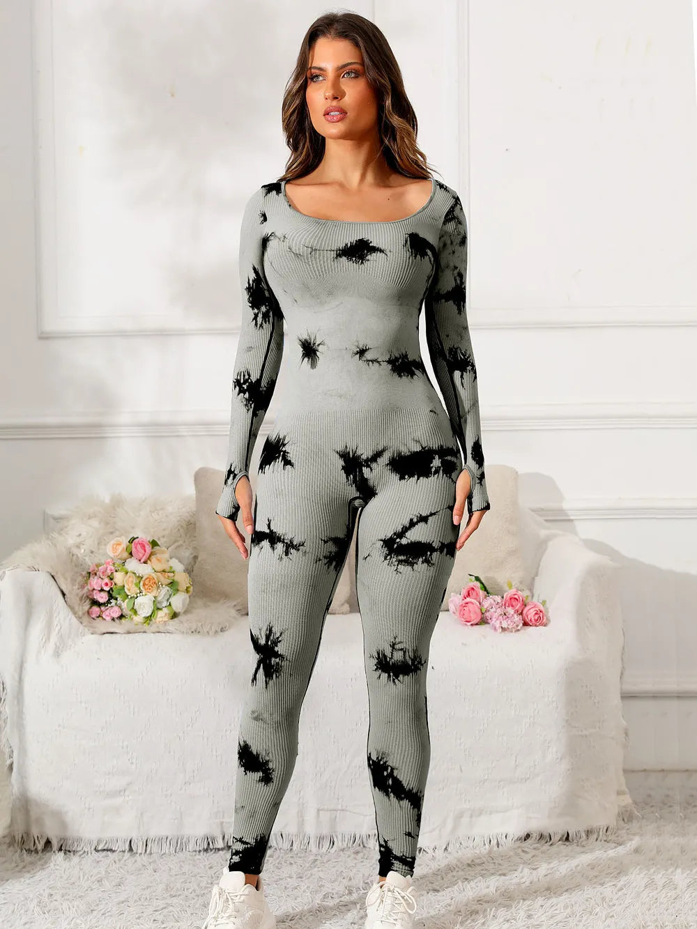 Scoop Neck Long Sleeve Active Jumpsuit - Ladyez