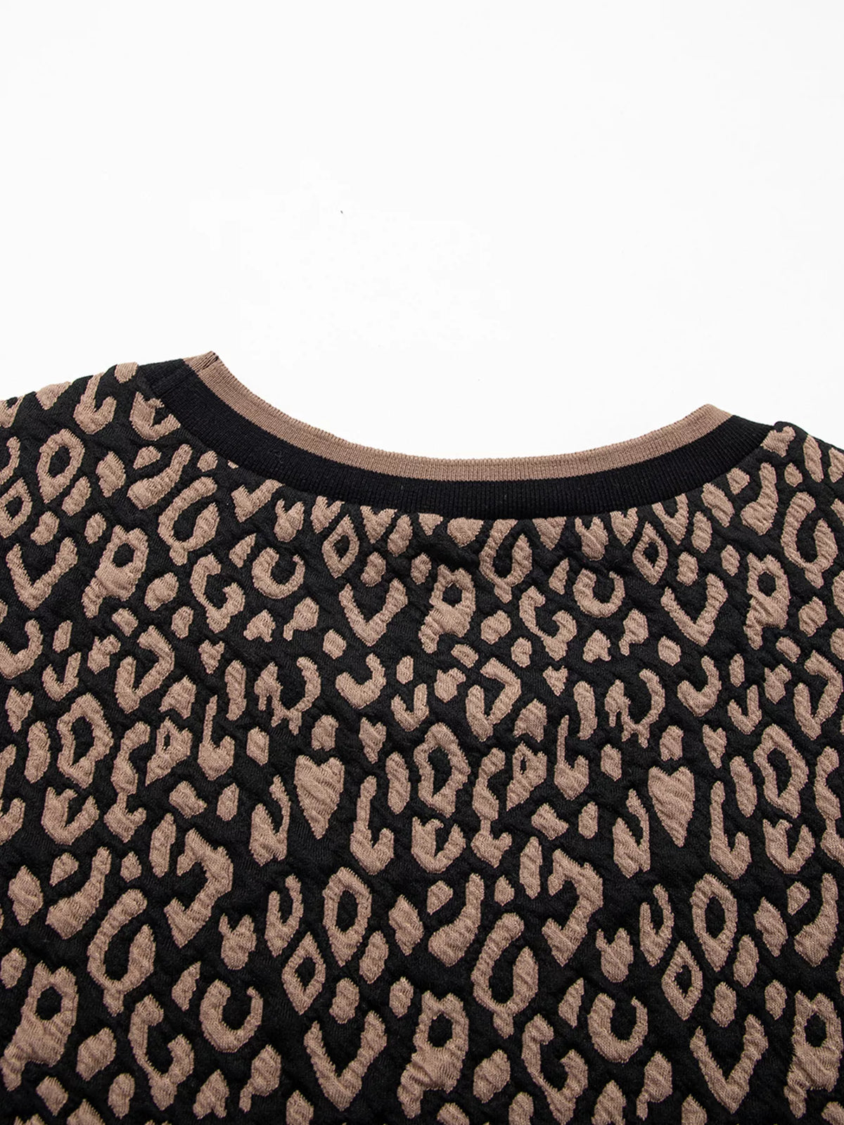 Leopard Print Puffy Bracelet Sleeve Contrast Trim Round Neck Top
