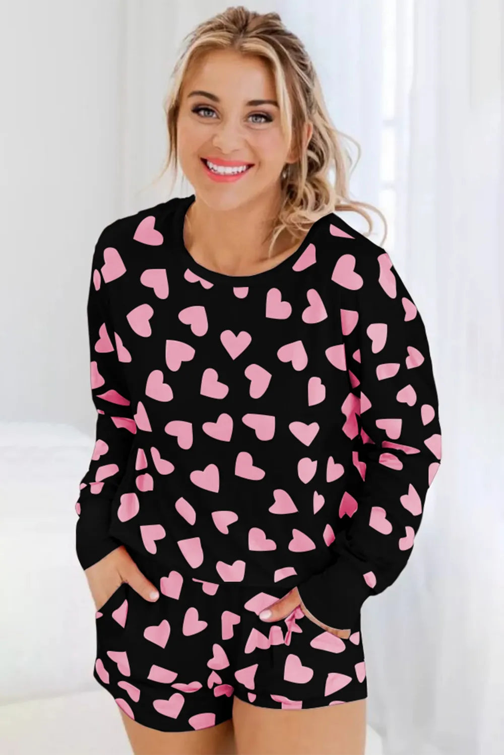 Heart Print Long Sleeve Top and Shorts Lounge Set - Ladyez