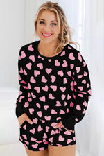 Heart Print Long Sleeve Top and Shorts Lounge Set - Ladyez
