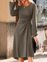 Solid Color Ruched Detail Long Sleeve Midi Dress