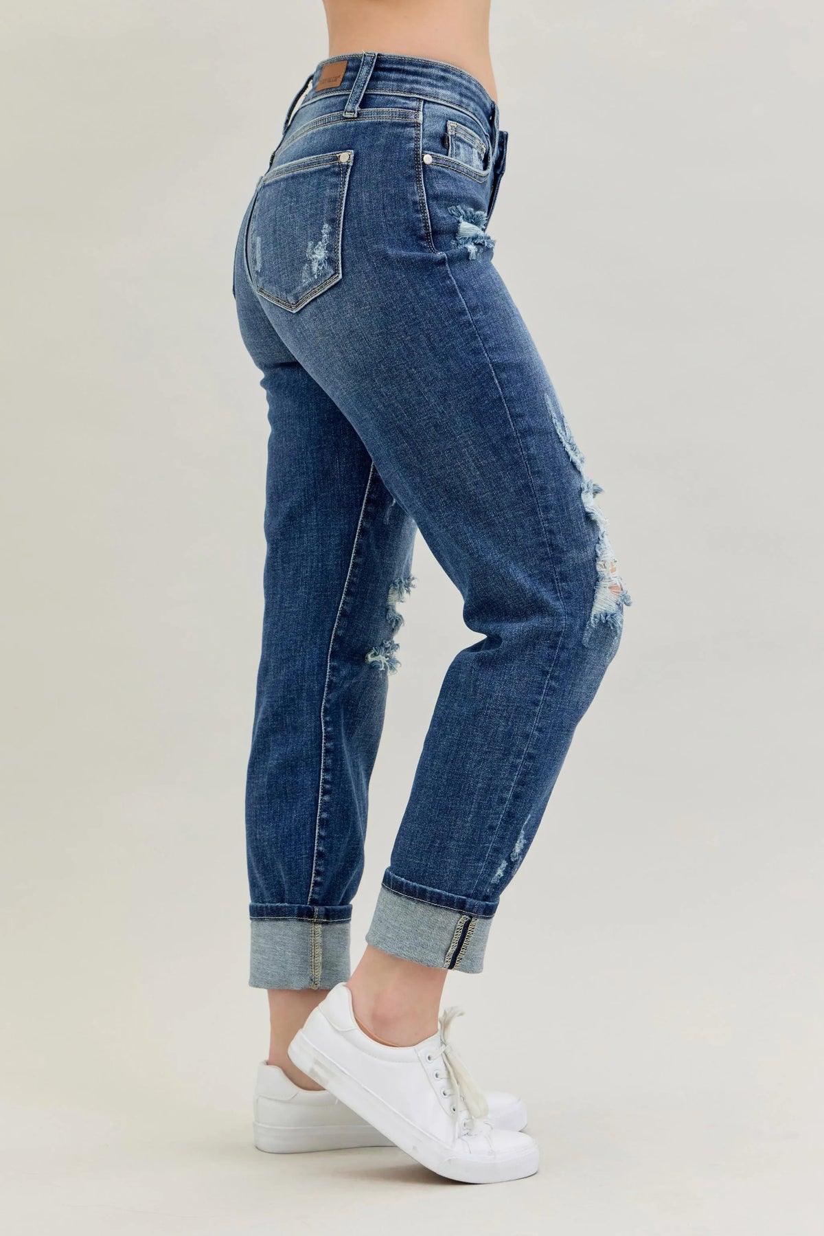 Judy Blue Full Size Mid Rise Cuffed Destroy Bf Jeans Plus Size - Ladyez