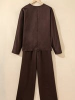 Braided V Neck Long Sleeve Loose Top and Drawstring High Waist Pants 2pcs Outfit