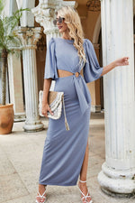 Cutout Split Puff Sleeve Maxi Dress - Ladyez