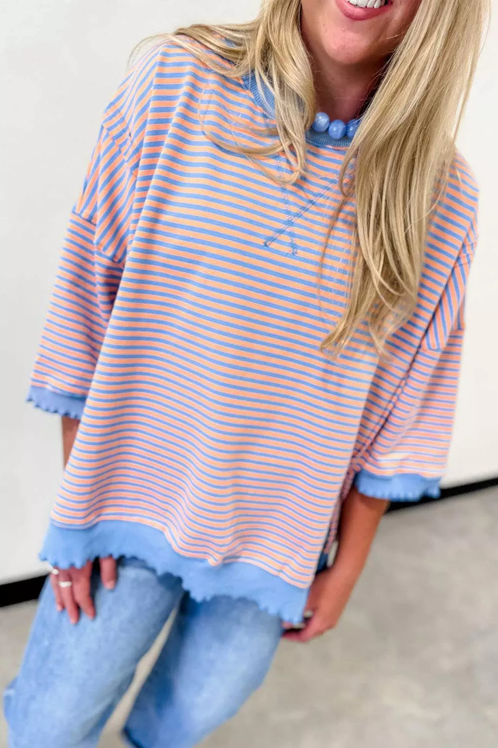Striped Raw-Edge Casual Blouse
