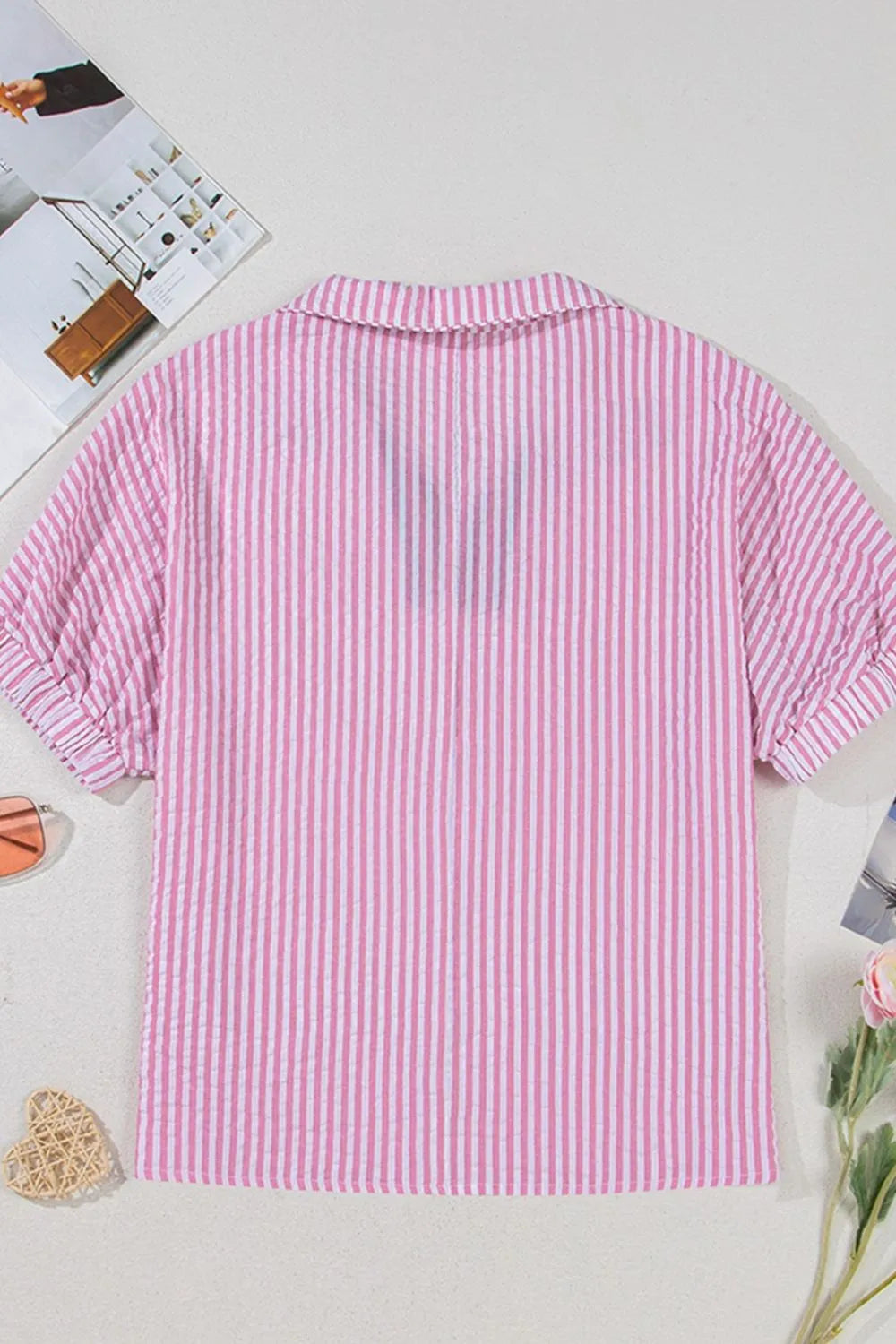 Striped Print Contrast Split Neck Dolman Sleeve Blouse - Ladyez