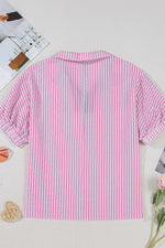 Striped Print Contrast Split Neck Dolman Sleeve Blouse - Ladyez