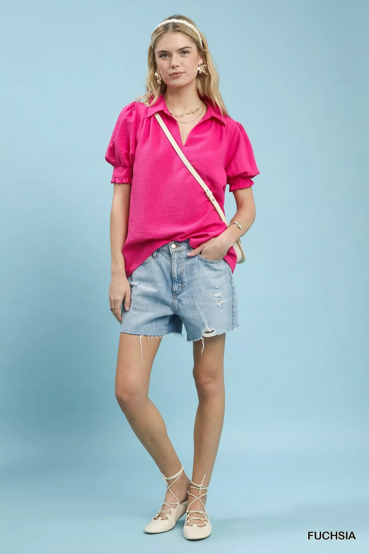 Umgee Seersucker Puff Sleeve Blouse