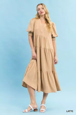 Umgee V-Neck Puff Sleeve Tiered Midi Dress