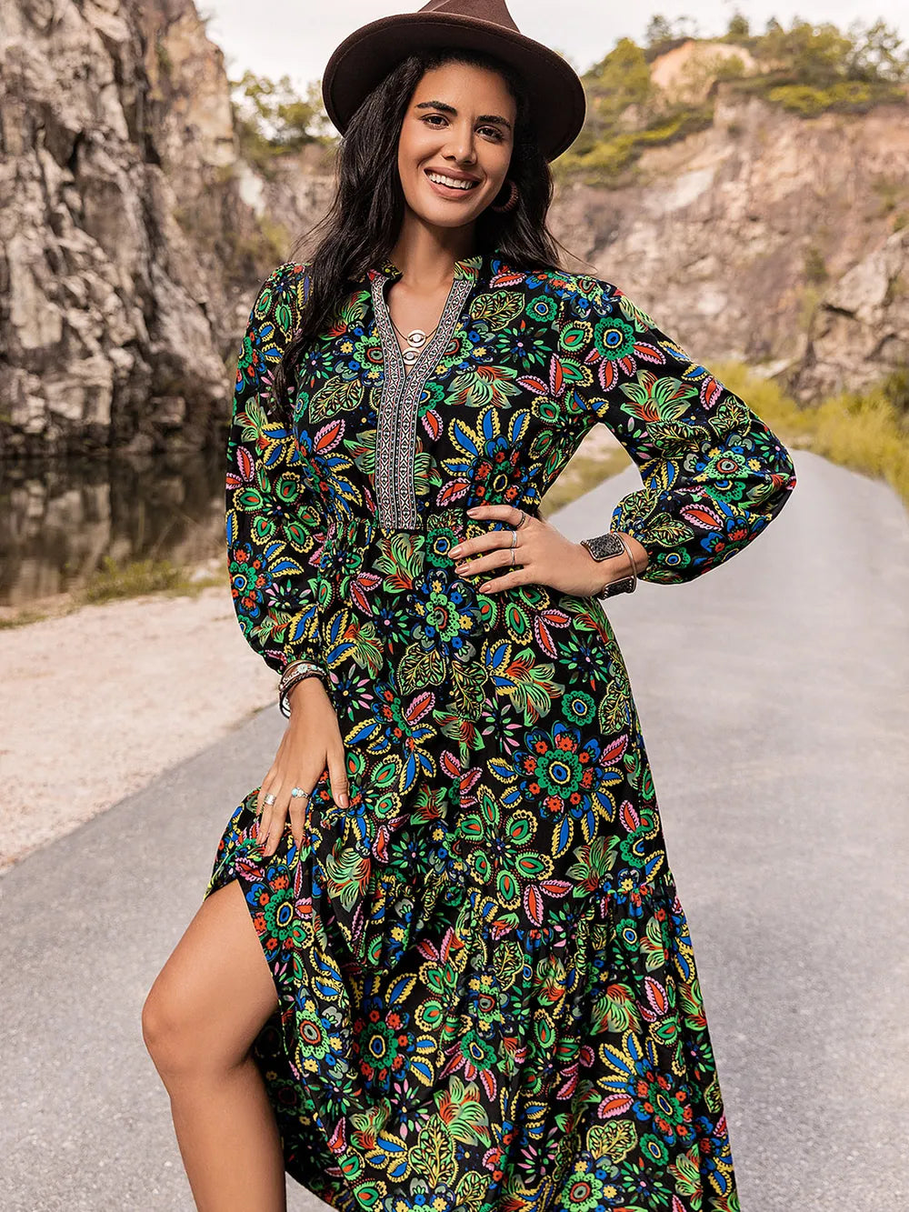Printed Notched Neck Maxi Dress - Ladyez